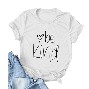 Women's white cotton short sleeve T-shirt with 'be Kind' print and minimalist heart