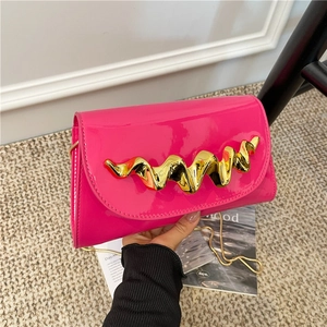 Chic magenta patent leather crossbody bag with golden wave metal clasp and chain strap
