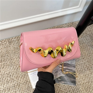 Pink patent leather wave clutch bag with gold metallic handle and chain shoulder strap