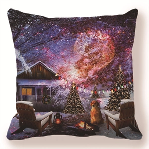 Christmas pillow cover with winter cabin scene and golden retriever on snowy night