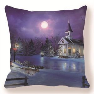 Winter church snow scene throw pillow case with purple starry night and moon