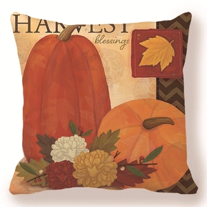 Thanksgiving harvest blessings square pillow cover with orange pumpkins and maple leaves