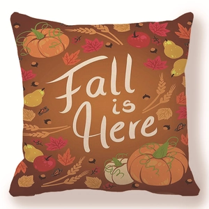 Fall is Here decorative pillow case with pumpkins and autumn leaves on peach skin fabric