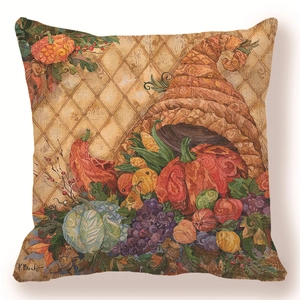 Thanksgiving decorative pillow cover with harvest cornucopia and pumpkins on white background