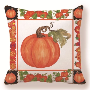 Detail of pumpkin illustration on soft peach skin fabric square throw pillow cover