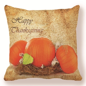 Detail of Happy Thanksgiving cushion cover with pumpkin design on peach skin fabric