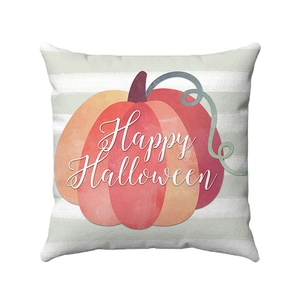 Fodera per cuscino Halloween con zucca ad acquerello arancione e scritta Happy Halloween