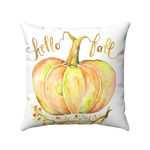 Federa per cuscino in peluche con zucca ad acquerello e scritta Hello Fall per divano