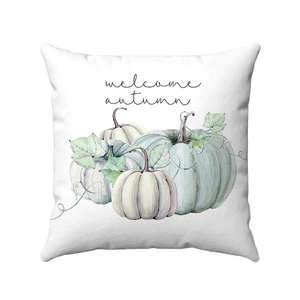Dettaglio della federa in morbido peluche con zucche ad acquerello e scritta Welcome Autumn