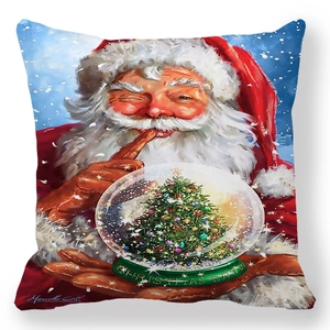 Dettaglio copricuscino natalizio con Babbo Natale e palla di neve in stile pittura a olio