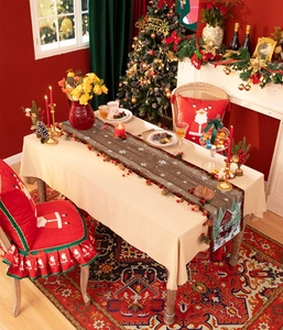 Runner da tavola natalizio in lino con venature del legno, fiocchi di neve e camion rosso