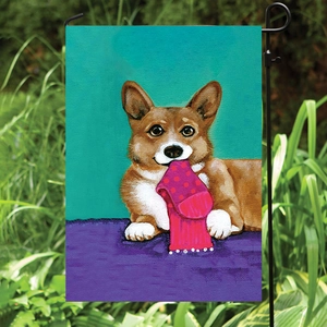 Drapeau de jardin avec illustration de corgi en lin sur un mât en métal noir