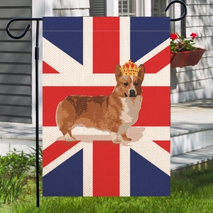 Drapeau de jardin avec Union Jack britannique Corgi et couronne dorée sur support