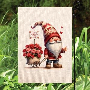 Dubbelzijdige Happy Mother's Day tuinvlag met gnome en rozen op jute stof