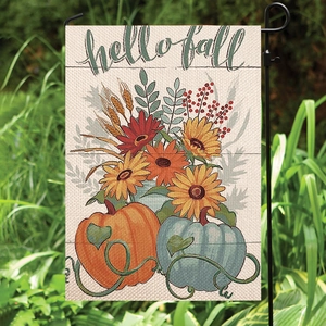 Bandiera da giardino in lino con scritta hello fall e zucche su supporto metallico