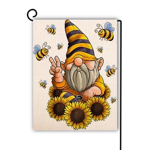Double-sided linen garden flag featuring a gnome with sunflowers and a metal hanger