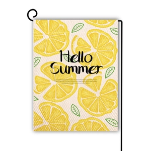 Detail of Hello Summer garden flag with lemon pattern on beige linen fabric texture