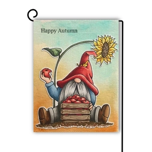 Detail of Happy Autumn garden flag featuring a gnome with sunflower and metal stand