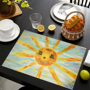 Detailed texture of Mexican sun print linen placemat on a dark wooden dining table