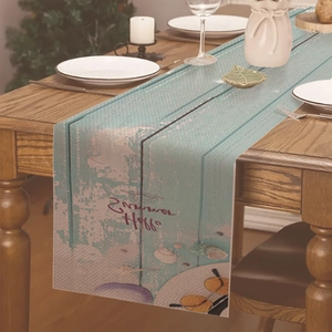 Chemin de table en lin avec motifs de plage d'été et texte hello summer sur grain de bois