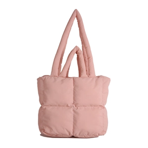 Pink quilted down tote bag with minimalist padded square texture and dual handles