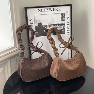 Borsa A Spalla Leopardata Con Manico Arricciato E Fiocco Texture Scamosciata Moda Donna Borsa Hobo Retro
