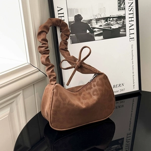 Borsa a spalla leopardata marrone con manico a pieghe e decorazione a fiocco donna