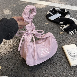 Borsa A Spalla Da Donna In Velluto A Coste Con Ricamo A Fiocco E Tracolla Arricciata Stile Coreano Borsa Sottobraccio Tinta Unita