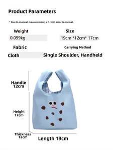 Detailed size specifications of light blue canvas tote bag with cartoon cookie embroidery