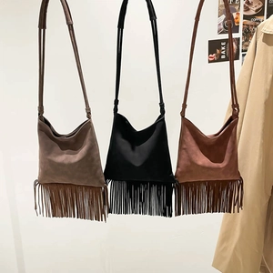 Bohemian suede tassel shoulder bags in dark brown, black, and tan leather colors