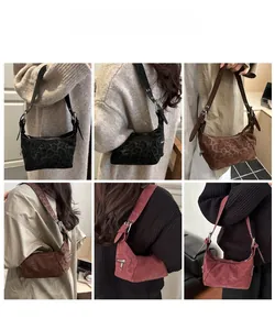 Retro leopard print crescent shoulder bags shown in black, brown, and wine red styles