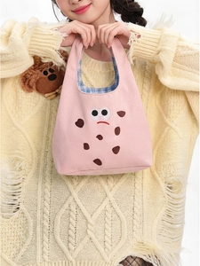 Pink canvas tote bag featuring cute cartoon embroidery and a blue plaid lining detail
