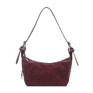 Minimalist burgundy crescent shoulder bag with animal texture and adjustable strap
