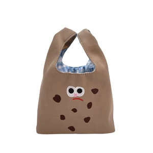 Borsa tote minimalista in tela marrone con ricamo a biscotto e fodera a quadretti blu