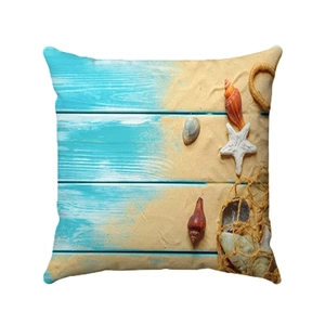 Detalle de la funda de cojín cuadrada suave con tema de playa, estrella de mar y conchas