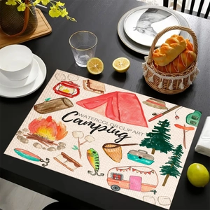 Tovaglietta in lino tema campeggio acquerello con stampa di camper e foresta disegnata