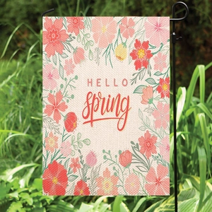 Double-sided linen garden flag with Hello Spring floral design on metal stand