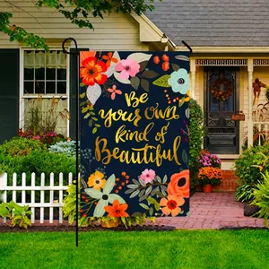 Double-sided floral garden flag with 'Be your own kind of Beautiful' text and L-shaped pole
