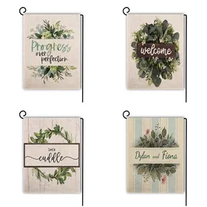 Double Sided Linen Garden Flag Eucalyptus Leaf Floral Welcome Yard Decor Hanging Banner With Metal Stand