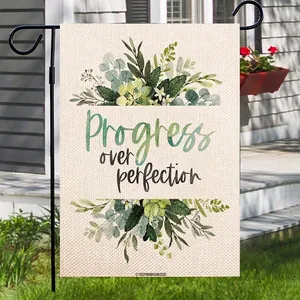 Double-sided linen garden flag with eucalyptus pattern and 'Progress over perfection' motto