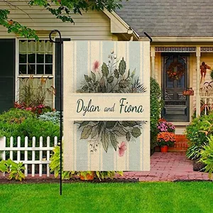 Custom linen garden flag with eucalyptus leaf pattern and personalized name text