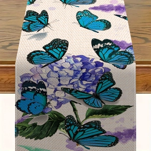 Runner da tavola in lino con farfalle blu e ortensie viola su legno scuro