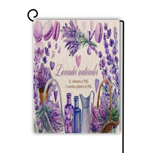 Dettaglio della bandiera da giardino lavanda in lino rustico con supporto in metallo