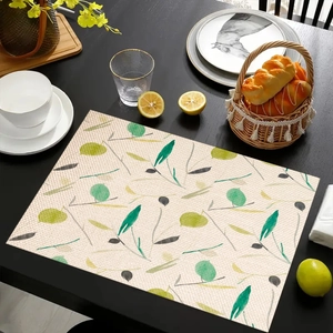 Detailed texture of eucalyptus linen placemat on dark wood table in cozy dining setting