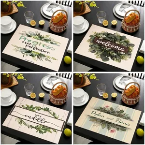 Nordic Minimalist Linen Placemat Eucalyptus Plant Letter Print Heat Resistant Rectangular Table Mat Home Kitchen Decoration
