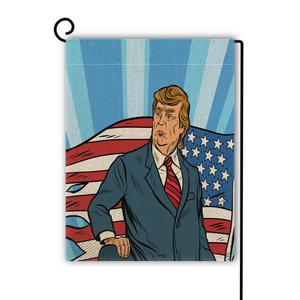 Dettaglio della bandiera da giardino in lino bifacciale con pop art di Trump e bandiera USA