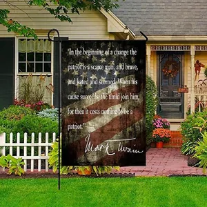 Double-sided burlap garden flag with vintage US flag design and Mark Twain quote
