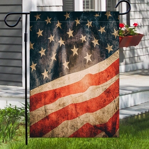 Vintage US flag garden banner on metal stand with double-sided linen texture for yard decor