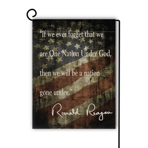 Detail of Ronald Reagan quote and signature on rustic linen American garden flag