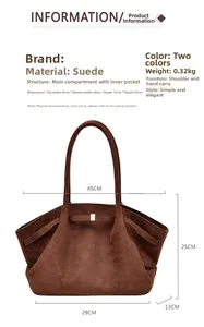 Détails du sac cabas en daim marron montrant les dimensions et la structure interne